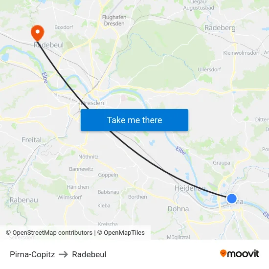 Pirna-Copitz to Radebeul map