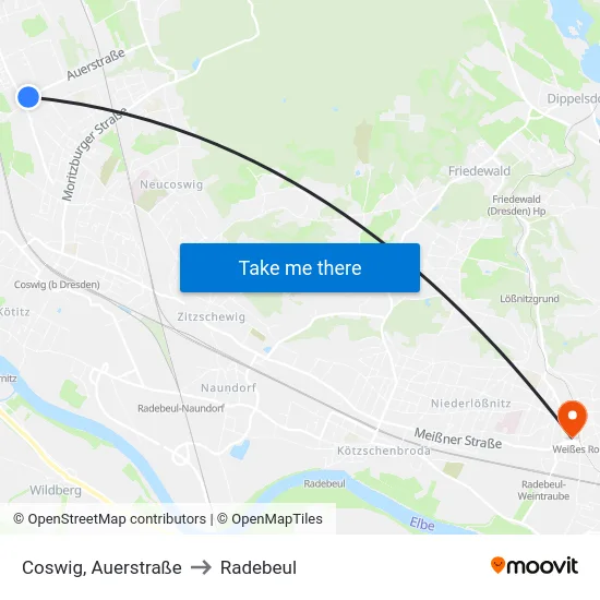Coswig, Auerstraße to Radebeul map
