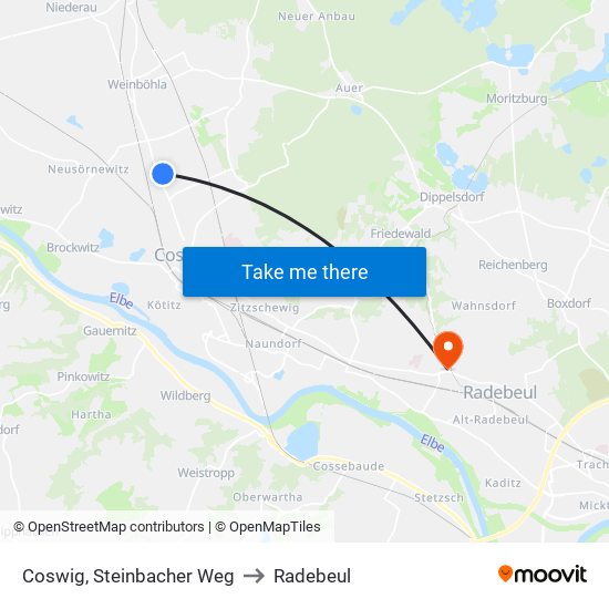 Coswig, Steinbacher Weg to Radebeul map