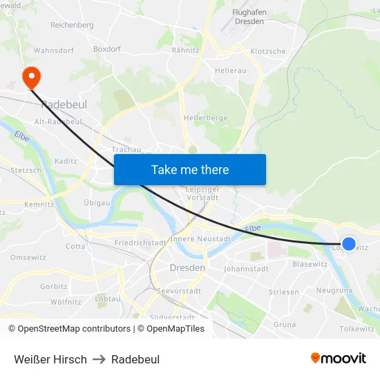 Weißer Hirsch to Radebeul map