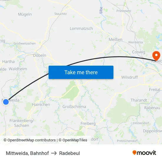 Mittweida, Bahnhof to Radebeul map