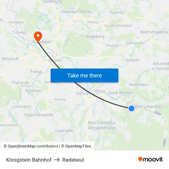 Königstein Bahnhof to Radebeul map