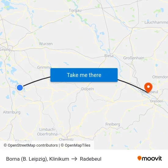Borna (B. Leipzig), Klinikum to Radebeul map