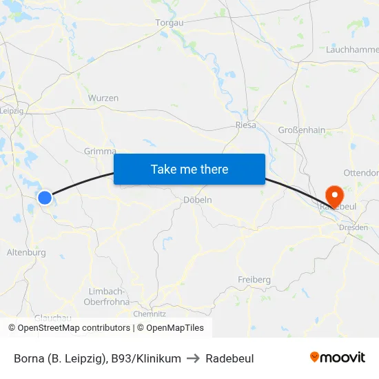 Borna (B. Leipzig), B93/Klinikum to Radebeul map
