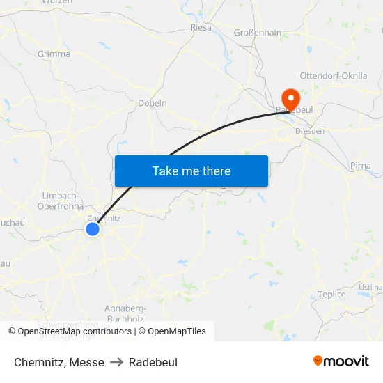 Chemnitz, Messe to Radebeul map
