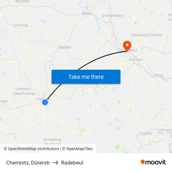 Chemnitz, Dürerstr to Radebeul map