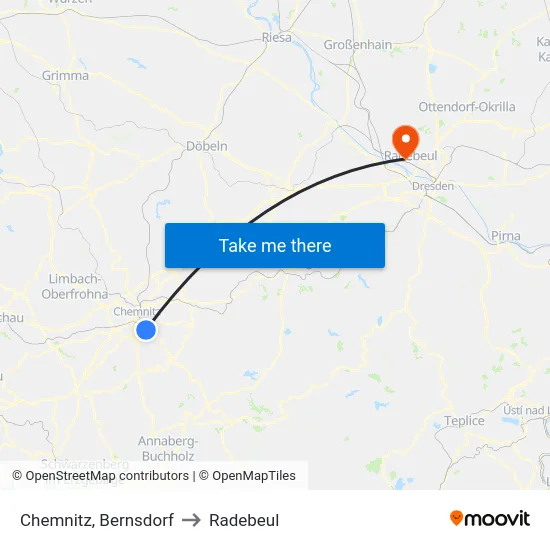 Chemnitz, Bernsdorf to Radebeul map