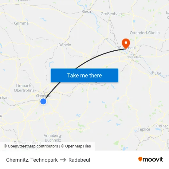 Chemnitz, Technopark to Radebeul map