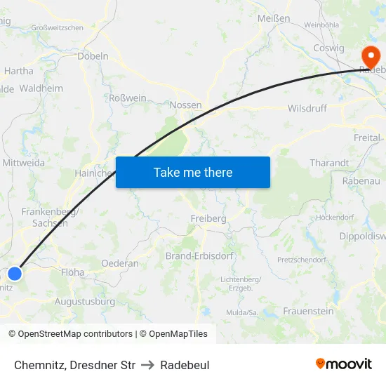 Chemnitz, Dresdner Str to Radebeul map