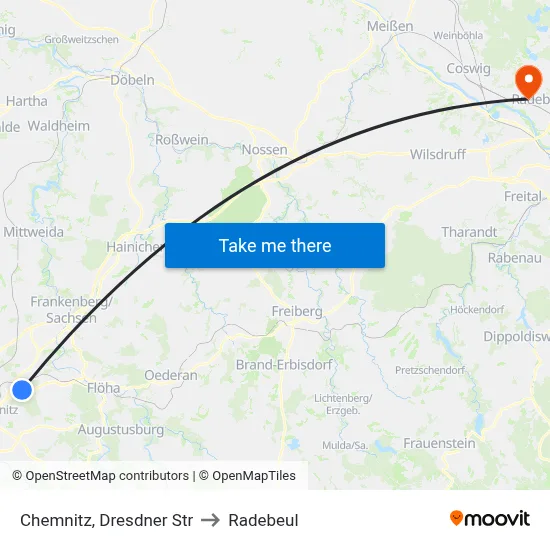 Chemnitz, Dresdner Str to Radebeul map