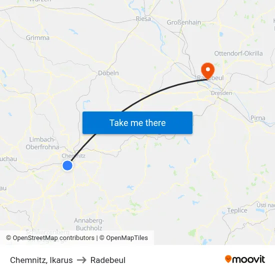 Chemnitz, Ikarus to Radebeul map