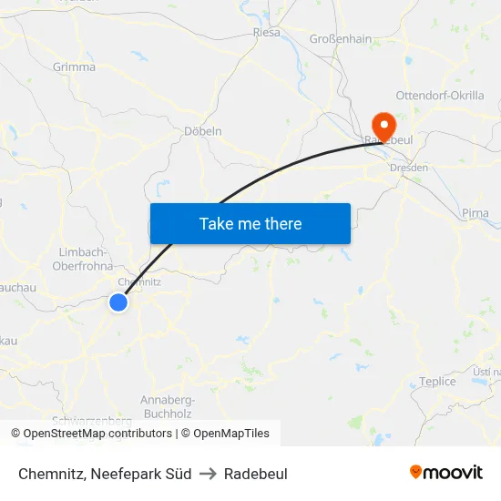 Chemnitz, Neefepark Süd to Radebeul map