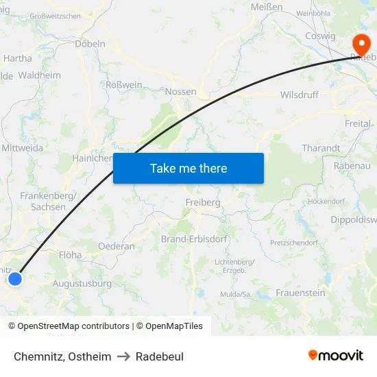 Chemnitz, Ostheim to Radebeul map