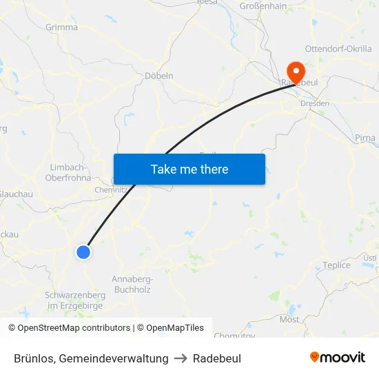 Brünlos, Gemeindeverwaltung to Radebeul map