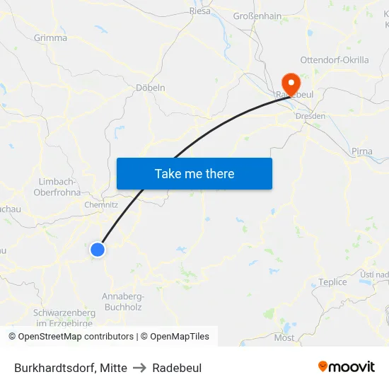 Burkhardtsdorf, Mitte to Radebeul map