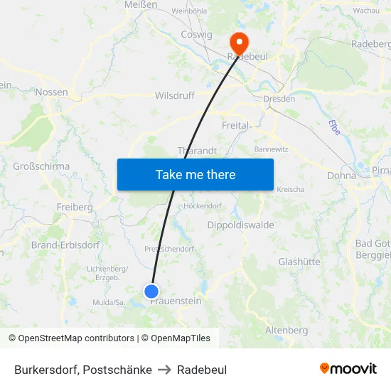 Burkersdorf, Postschänke to Radebeul map