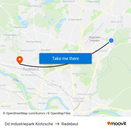 Dd Industriepark Klotzsche to Radebeul map