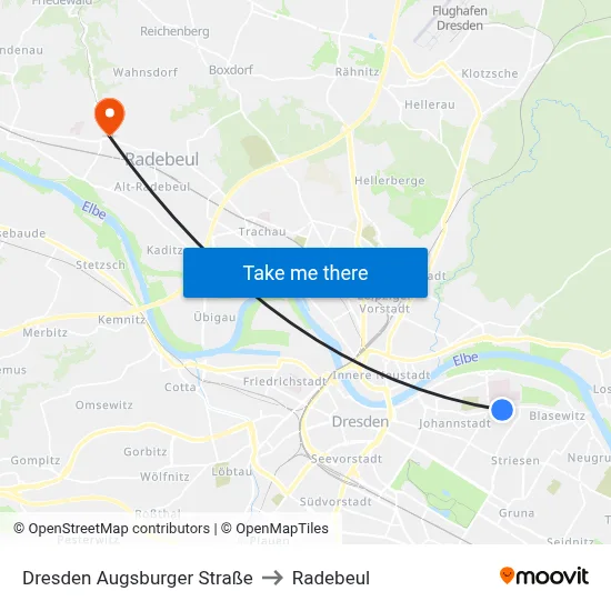 Dresden Augsburger Straße to Radebeul map