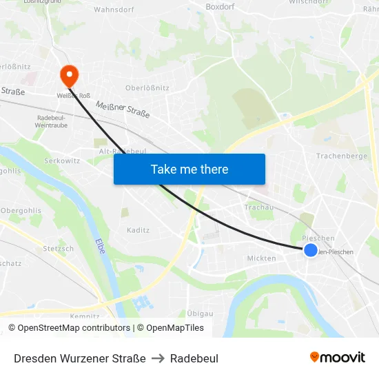Dresden Wurzener Straße to Radebeul map