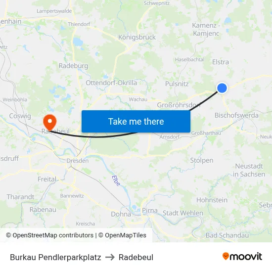 Burkau Pendlerparkplatz to Radebeul map