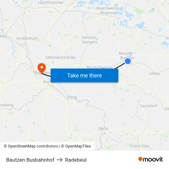 Bautzen Busbahnhof to Radebeul map