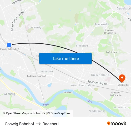 Coswig Bahnhof to Radebeul map