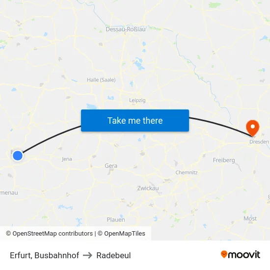 Erfurt, Busbahnhof to Radebeul map