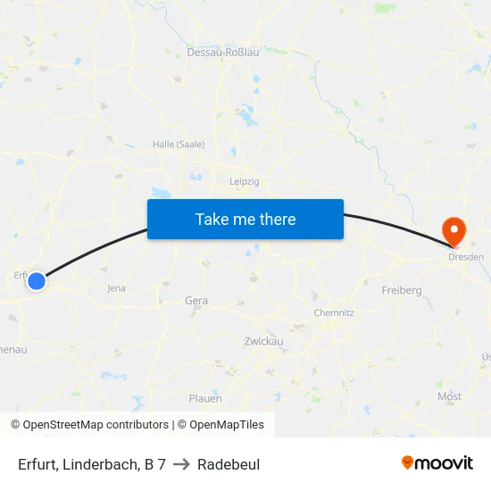 Erfurt, Linderbach, B 7 to Radebeul map