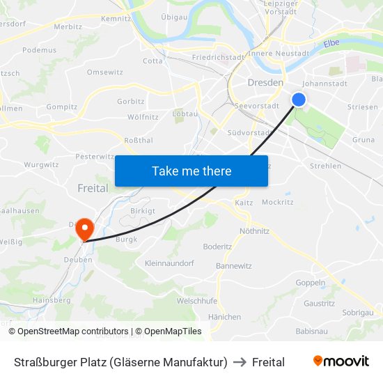 Straßburger Platz (Gläserne Manufaktur) to Freital map