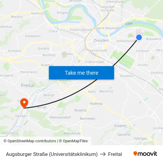 Augsburger Straße (Universitätsklinikum) to Freital map