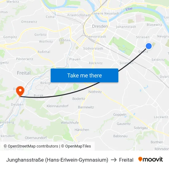 Junghansstraße (Hans-Erlwein-Gymnasium) to Freital map