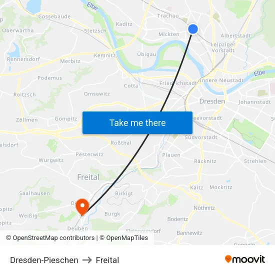 Dresden-Pieschen to Freital map