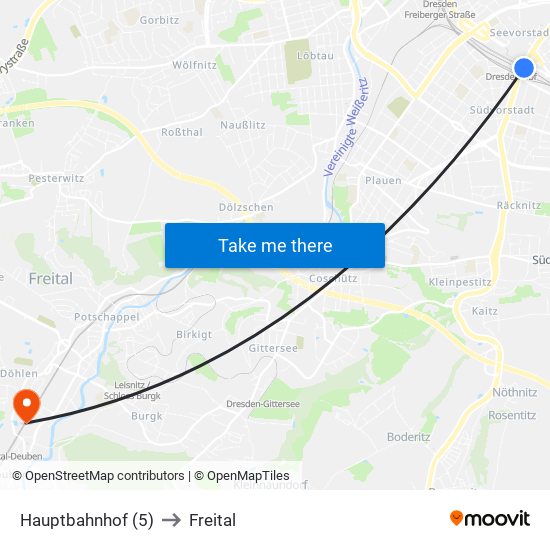 Hauptbahnhof (5) to Freital map