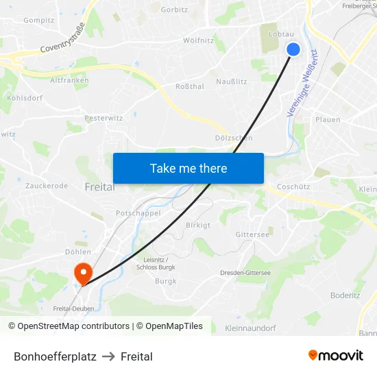 Bonhoefferplatz to Freital map