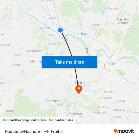 Radebeul-Naundorf to Freital map