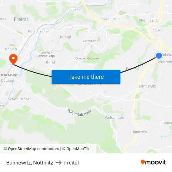Bannewitz, Nöthnitz to Freital map