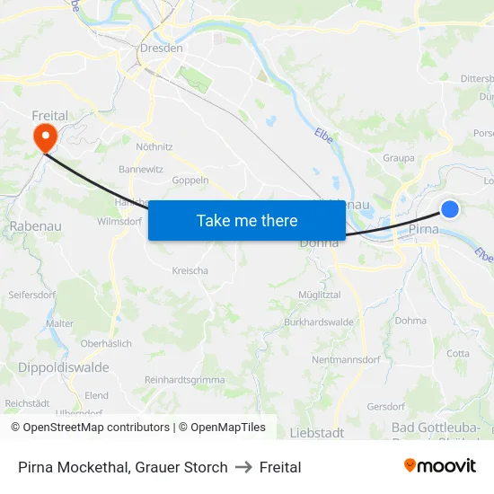 Pirna Mockethal, Grauer Storch to Freital map