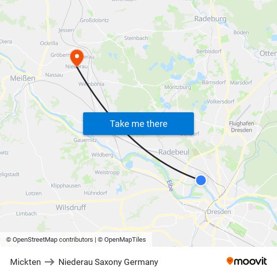 Mickten to Niederau Saxony Germany map