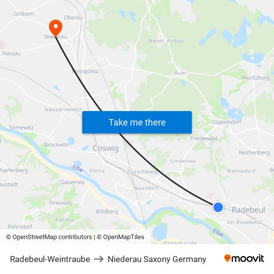 Radebeul-Weintraube to Niederau Saxony Germany map