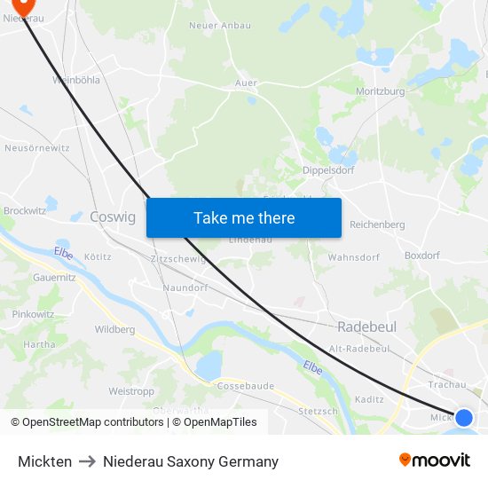 Mickten to Niederau Saxony Germany map