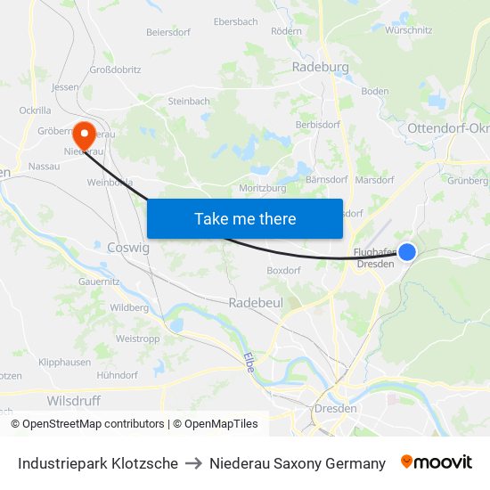 Industriepark Klotzsche to Niederau Saxony Germany map