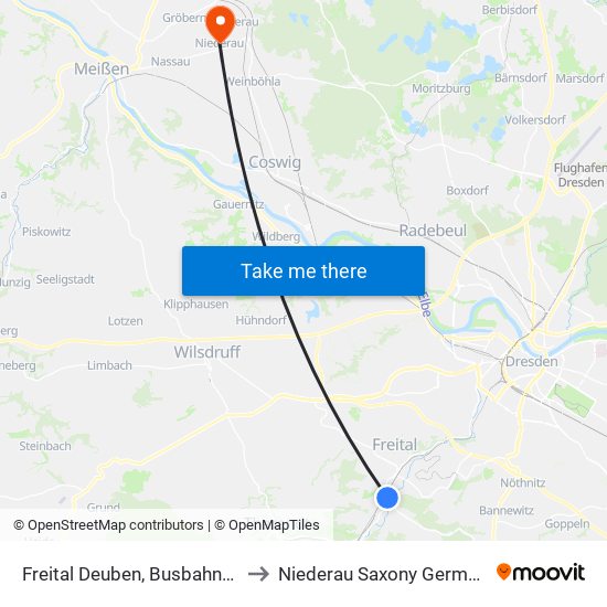 Freital Deuben, Busbahnhof to Niederau Saxony Germany map