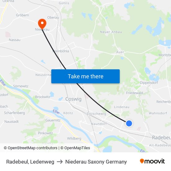 Radebeul, Ledenweg to Niederau Saxony Germany map
