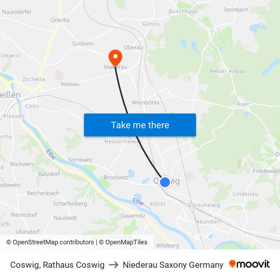 Coswig, Rathaus Coswig to Niederau Saxony Germany map