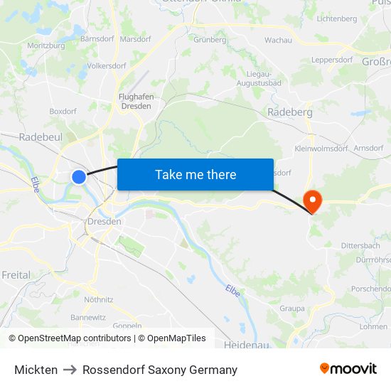 Mickten to Rossendorf Saxony Germany map