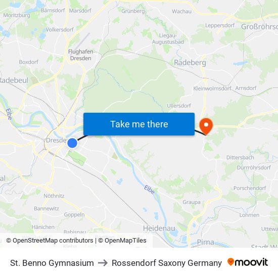 St. Benno Gymnasium to Rossendorf Saxony Germany map