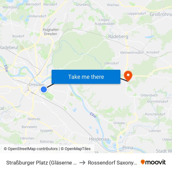 Straßburger Platz (Gläserne Manufaktur) to Rossendorf Saxony Germany map