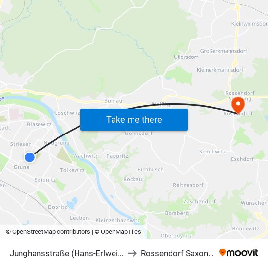 Junghansstraße (Hans-Erlwein-Gymnasium) to Rossendorf Saxony Germany map