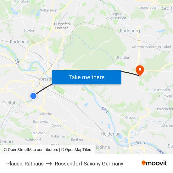 Plauen, Rathaus to Rossendorf Saxony Germany map