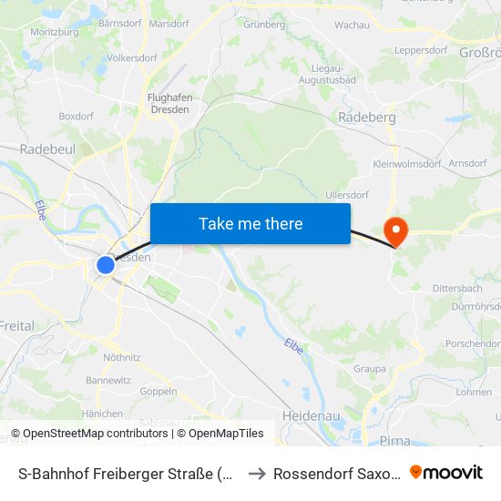 S-Bahnhof Freiberger Straße (World Trade Center) to Rossendorf Saxony Germany map